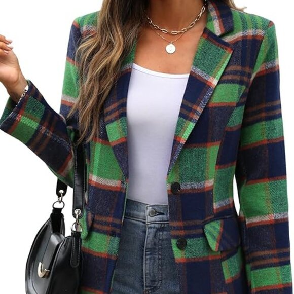 Women's Lapel Collar Plaid 2 Button Blue Green Plaid Blazer Suit Houndstooth - Picture 2 of 5